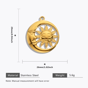 Gold plated stainless steel sun and moon pendant with geometric relief for DIY jewelry