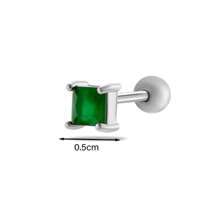 Detail view of 0.5cm square green emerald stud earring with four-claw stainless steel setting