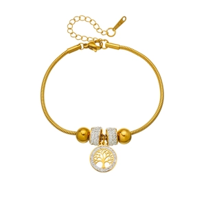 Bracelet serpent en acier inoxydable doré avec un pendentif arbre de vie et cristaux
