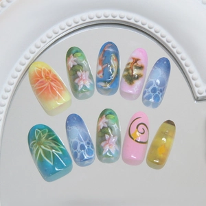 Ongles press-on artistiques avec motif lotus et carpe koi peint à la main, 10 pièces