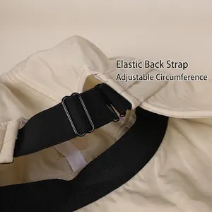 Adjustable elastic back strap on beige nylon sun hat showing functional plastic buckle
