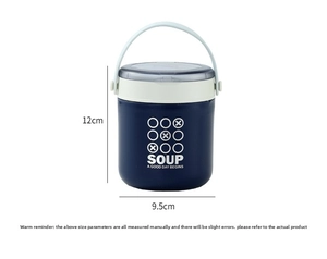 Detail showing dimensions of the 12cm navy blue stainless steel soup cup with handle