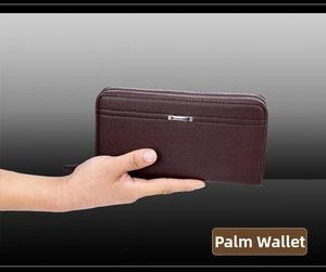 Detail view of deep brown litchi pattern leather wallet with double zipper layers