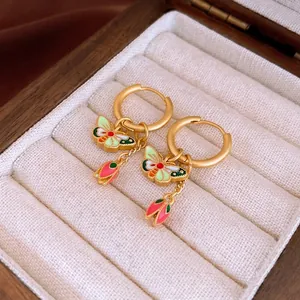 Butterfly Flower Bud Hoop Earrings Copper Enamel Vintage Chinese Style Elegant Jewelry For Women