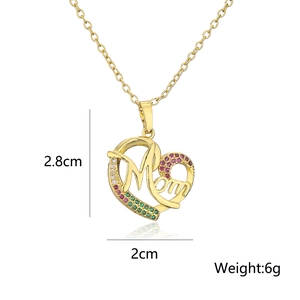 Detail view of a gold-plated heart necklace for Mom with colorful zircon settings and sizes