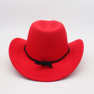 Close-up of a vibrant red wool felt western cowboy hat with a thin black cord bow tie