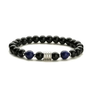 Polished black onyx and blue tiger eye beaded bracelet with silver metal cylinder accent