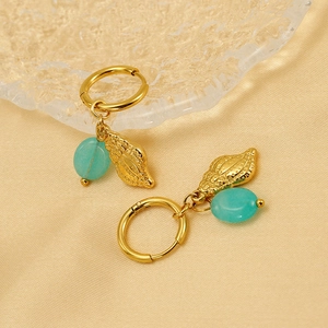 Golden titanium steel hoop earrings with natural blue stone and shell charms