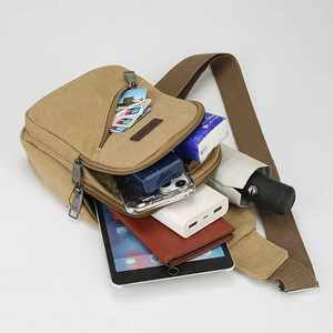 Minimalist khaki canvas crossbody bag for men showing large capacity and multi-pocket storage