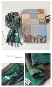 Detailed view of soft plaid scarves with fringe tassels and blended cashmere texture