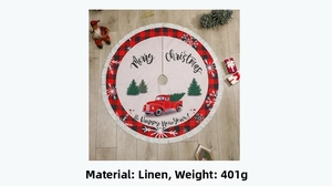 Detail of burlap Christmas tree skirt featuring vintage red truck and plaid fringe