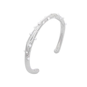 Silver stainless steel open bangle with white pearls and sparkling diamond accents