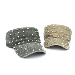 Vintage washed cotton cadet cap with metallic rivets in charcoal gray and khaki colors