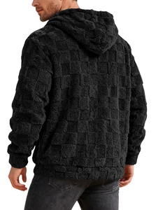 Detailed back view of a men's black fleece hoodie with a textured waffle pattern fabric