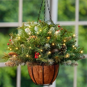 50cm Christmas hanging basket with LED lights, pine needles, cones and red berries