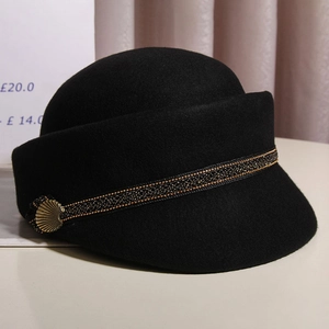 Elegant black wool beret equestrian hat with gold braid and metal shell buckle decoration