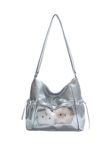 Silver metallic large tote bag with a clear PVC window and cute star plush charms