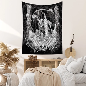 Detail of gothic death reaper tapestry hanging in a minimalist bedroom setup