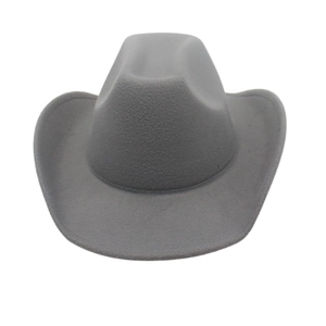 Detail of gray felt cowboy hat featuring classic curled brim and structured crown design
