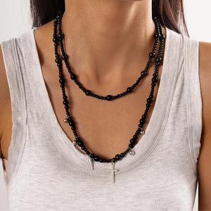 Gothic style double-layered black beaded necklace with silver cross and spike pendants