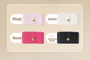 Mini travel jewelry box set in pink, white, rose and black PU leather with snap closure