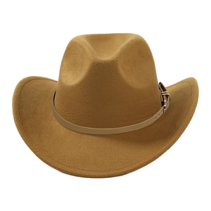 Classic wide brim wool felt jazz fedora hat in camel with decorative leather band