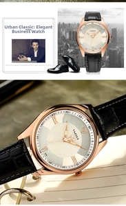 Detail of Yazole business watch with rose gold case and black crocodile leather strap