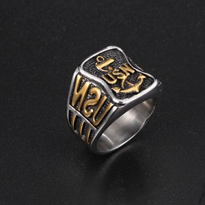 Detailed side view of USN military emblem ring with gold anchor relief on stainless steel