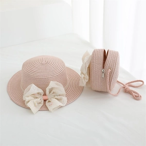 Ensemble chapeau de paille rose et sac bandoulière assorti avec nœuds pour filles