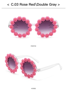 Detailed front and 45-degree views of daisy-shaped kids' sunglasses in rose red and purple
