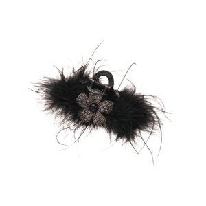 Pince à cheveux fleurie en strass brillants avec plumes noires et finition acrylique