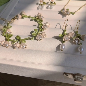 Lily Of The Valley Earrings With Silver Earring Post Artificial Pearl Alloy Enamel Flower Leaf Jewelry Pastoral Style For Women