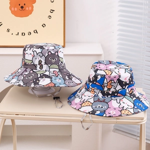 Kids wide brim sun hat with cartoon animal prints and adjustable chin strap