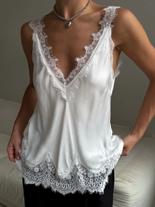 White vintage lace V-neck satin tank top for women with hollow out floral trim