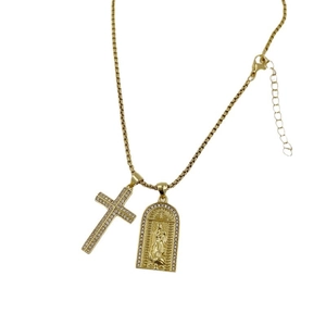 18K gold plated box chain necklace with iced out cross and Virgin Mary pendants