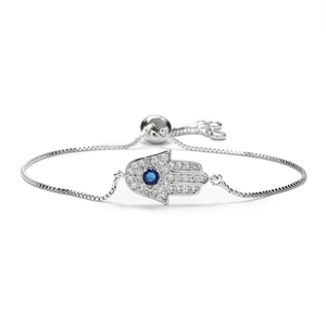 Silver Hamsa Hand bracelet with blue zircon center and adjustable box chain