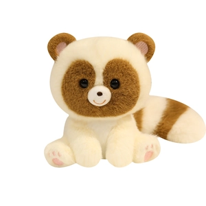 Cute plush raccoon toy in a lying position with soft cream and brown fur and pink paw details