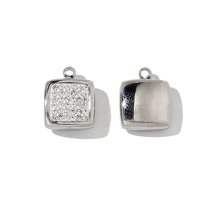 Detail showing front and back of silver square charms with pavé crystals and smooth metal