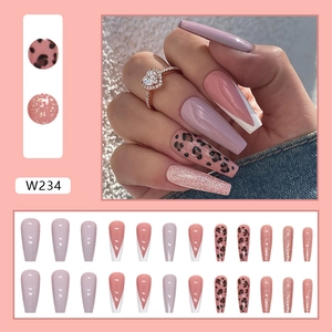 French leopard print glitter press-on nails set in taro purple and pink, model W234