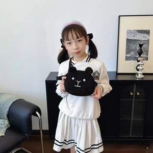 Cute black plush bear crossbody bag for children with 3D ears and embroidery