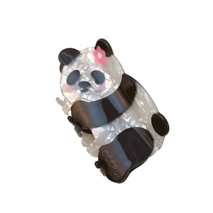 Cute panda hair claw clip in acetate black and white marble with a pink flower