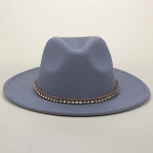 Classic grey-blue wide brim fedora hat with brown braided band and metallic bead accents