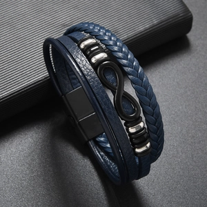 Bracelet multicouche en cuir bleu pour homme avec symbole infini noir et fermoir magnétique