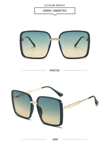 Vistas frontal y lateral de gafas de sol cuadradas grandes con lentes degradadas té verde