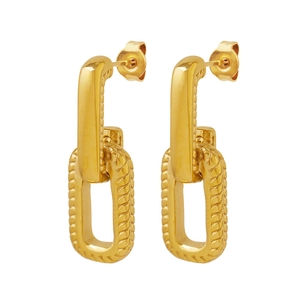Golden industrial chain U-shaped earrings with textured rectangular links on white background