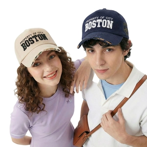 Cotton Distressed Baseball Cap With Boston Embroidery Torn Brim Retro Streetwear Sun Hat For Men Women Adjustable