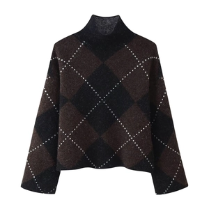 Women's turtleneck argyle knit sweater with brown and black diamond pattern design