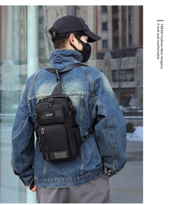 Outdoor street view of a black multi-zipper men shoulder bag worn on the back
