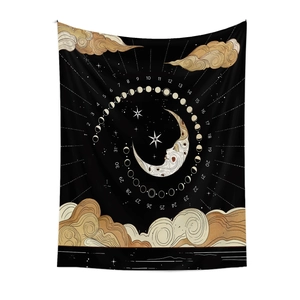 Detail of celestial moon phase tapestry with vintage clouds and 31-day lunar cycle scale