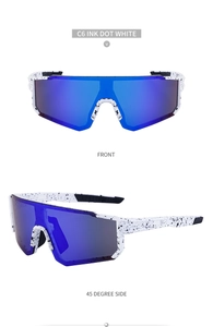 Detail of Ink Dot White sports sunglasses with blue mirrored lens and wide frame design